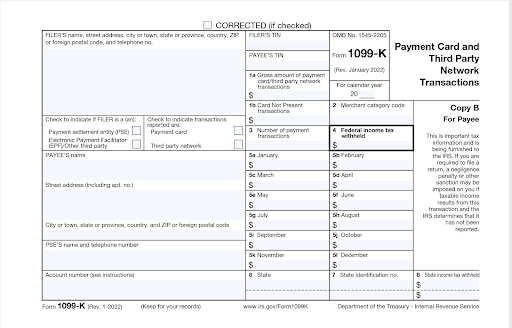 A blank 1099-K form with spaces for your name, address, taxpayer ID number, gross sales, number of transactions, gross sales for each month, and federal and state income tax withheld.