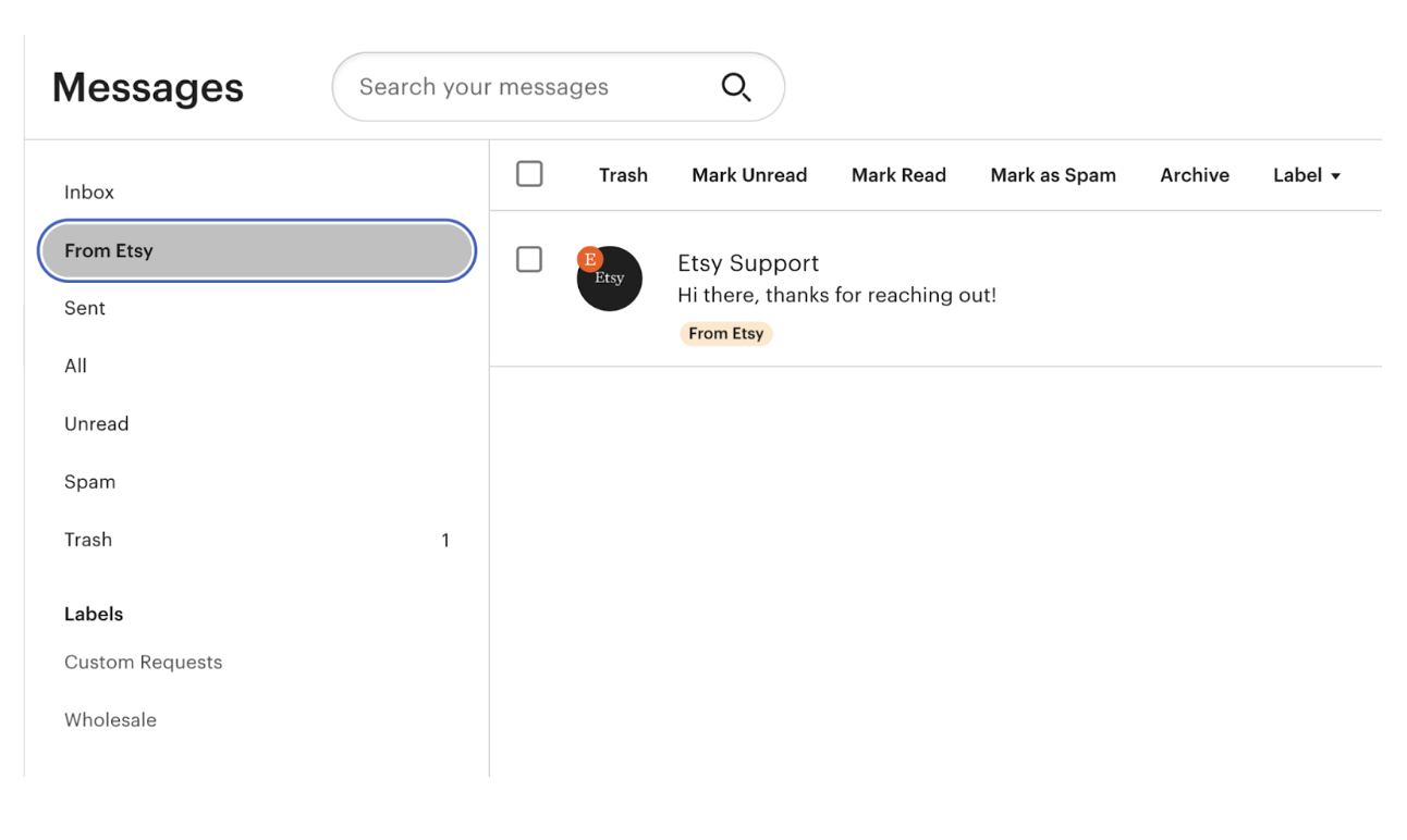 A message from Etsy Support as it appears in the From Etsy folder in Messages. The From Etsy folder is selected and highlighted in gray in the folder list sidebar. The message is titled “Hi there, thanks for reaching out!” and has a From Etsy tag and an orange Etsy “e” icon on the account avatar, which is an Etsy logo in white lettering on a blue background