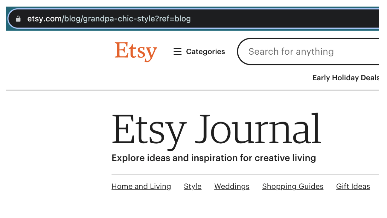 Image shows the Etsy Journal page, with a URL of https://www.etsy.com/blog/grandpa-chic-style?ref=blog