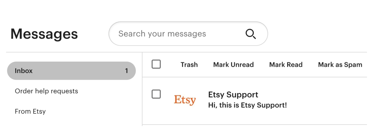 An Etsy Messages inbox showing a message from Etsy Support with the subject line “Hello.” The sender avatar is the Etsy logo. The message doesn’t appear in the From Etsy folder