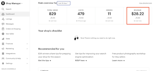 Revenue pointed out on the Dashboard in Shop Manager. From left to right, Dashboard shows Total views, Visits, Orders, and Revenue for the selected time period.
