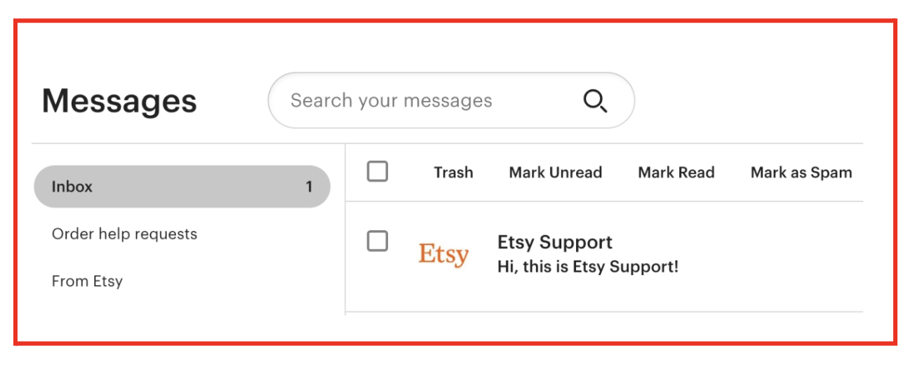 A screenshot of a phishing attempt where the scammer’s message appears to be from “Etsy Support,” but does not have the “From Etsy” badge under the subject line, meaning it is not in the From Etsy inbox.