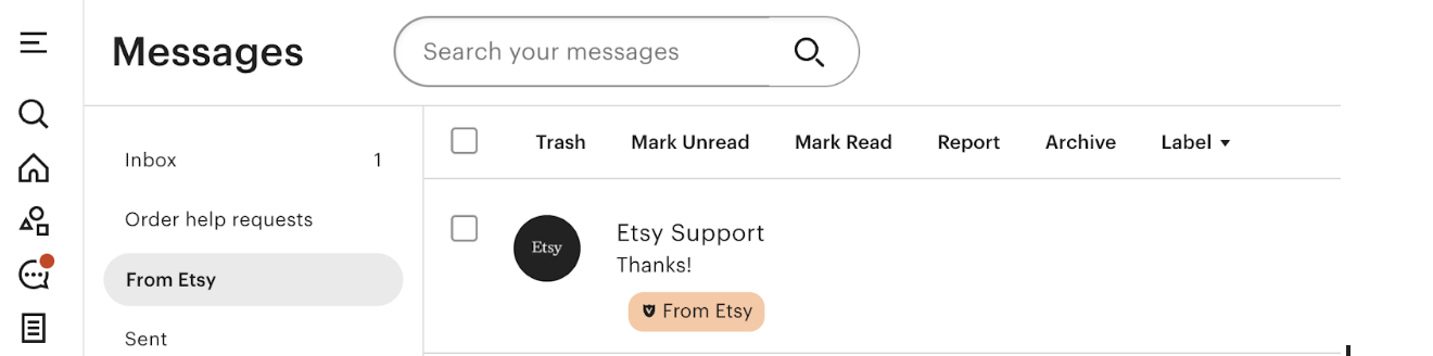 A screenshot of a From Etsy Messages inbox with a legit Etsy Support message. The message has a “From Etsy” badge below the subject line.
