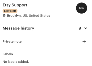 Image of a portion of the profile page with the username “Etsy Support.” Under the username is a badge that reads “Etsy staff,” indicating that the account is run by Etsy. 