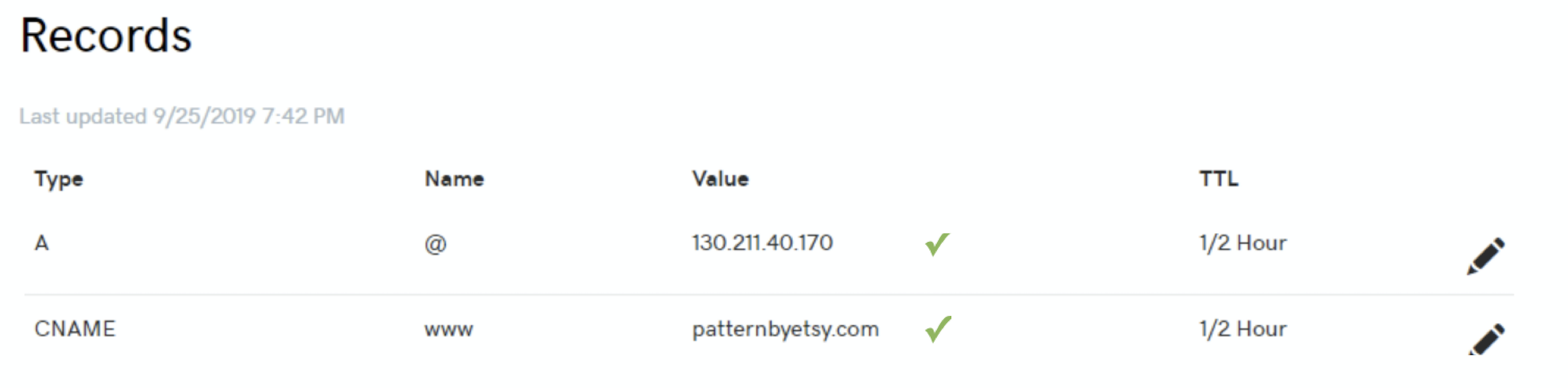 Example of A and CNAME records table in a domain provider. This table shows the Type of domain, the name of the domain, the value of the domain, and the TTL for the domain. The A record has the value 130.211.40.170. The CNAME record has the value or patternbyetsy.com. 