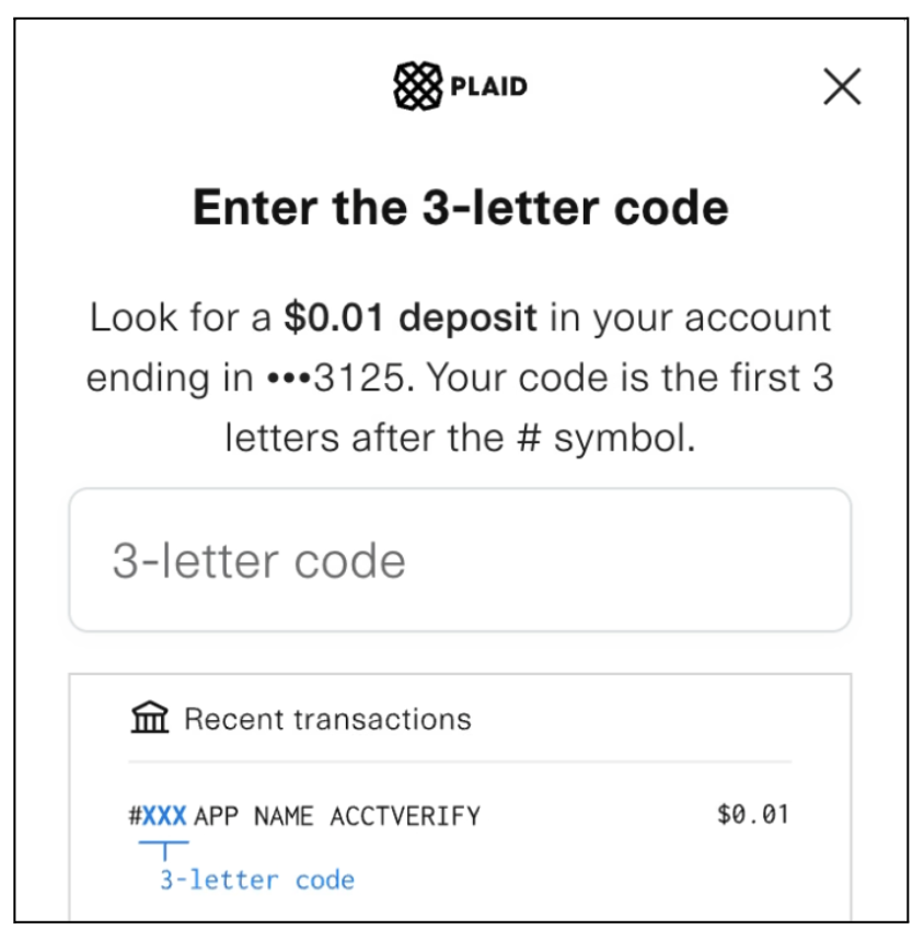 Plaid verification screen prompting for a 3-letter code from a $0.01 test deposit.