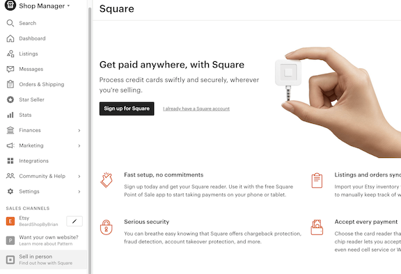 Screenshot of Square page, found in the Sales Channel area of the Shop Manager